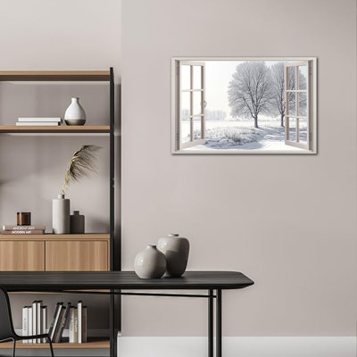 Grande toile murale, scène d'hiver, fenêtre enneigée, forêt, impression de fausses fenêtres, affiche d'art graphique pour salon, chambre à coucher, bureau, décoration prête à être suspendue, 28 po x 40 po