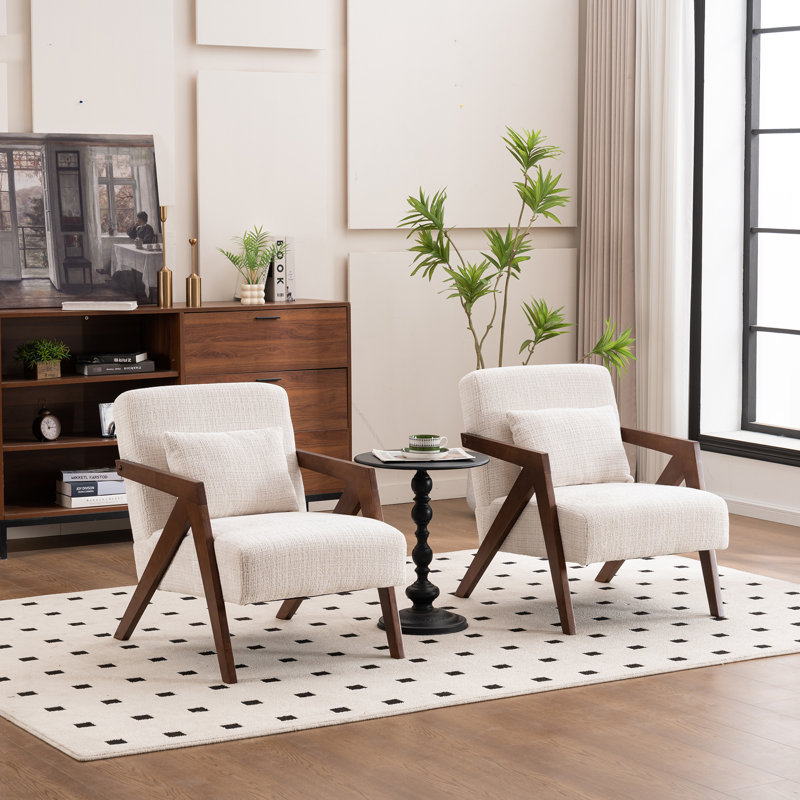 Juriana Mid Century Modern Upholstered Solid Wood Accent Armchair with an Extra Pillow, Beige Fabric