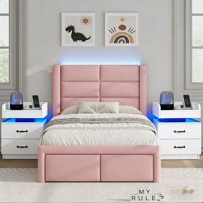 LED Upholstered Platform Bed With 2 Modern LED Nightstands – 3-Piece Bedroom Set