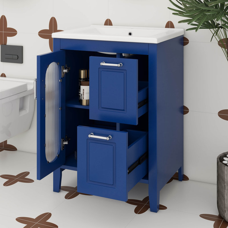 Meuble-lavabo autoportant 24 po avec 2 tiroirs et porte réglable 24 po avec lavabo, tablette réglable, Bleu