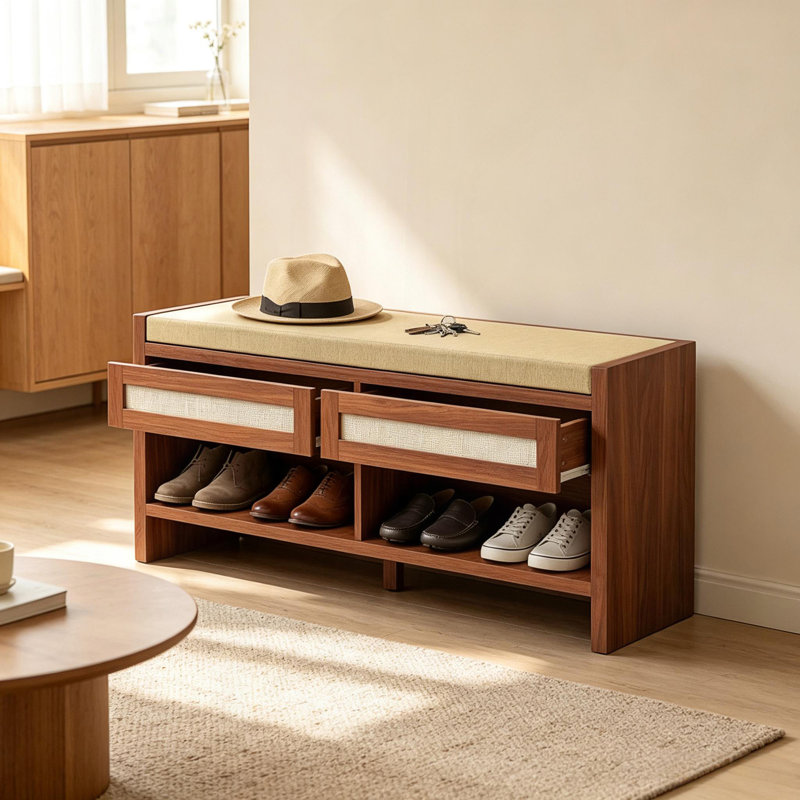 Banc à chaussures avec siège rembourré, 2 tiroirs en rotin et tablette de rangement ouverte