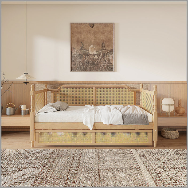 Lit de jour en rotin de style traditionnel avec 2 tiroirs pour un espace limité, chambre d'amis, pas de sommier, noyer antique