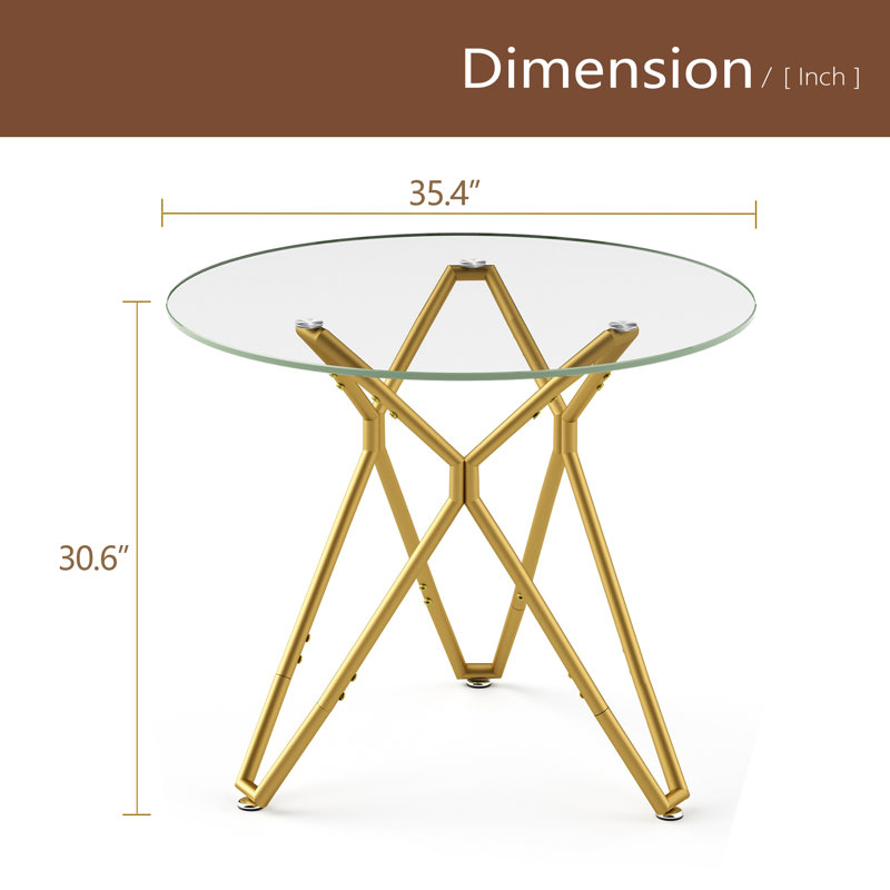 35.4-Inch Round Tempered Glass Dining Table, Suitable For 1-4 People, Space-Saving Small Kitchen Dining Table, Equipped With Sturdy Metal Table Legs, Suitable For Dining Room, Living Room