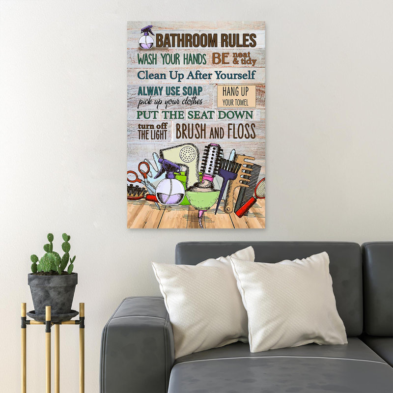 Some Stuff In Bathroom - Bathroom Rules - Reproduction d'art graphique sur toile tendue 1 pièce, H 20 po x l 16 po x P 2 po