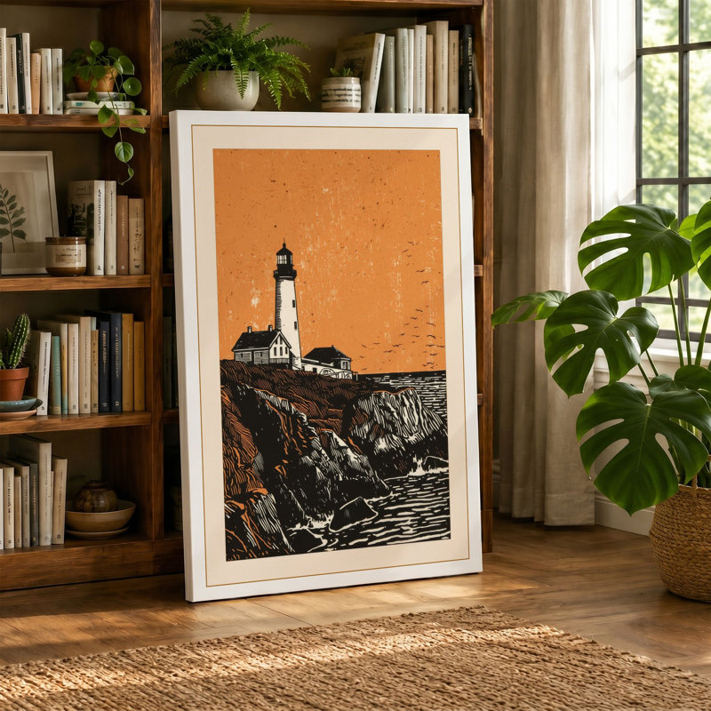 Lighthouse on Stone Coastal - Wrapped Canvas, 18x12 - 45.7 x 30.5 cm, Teal Border