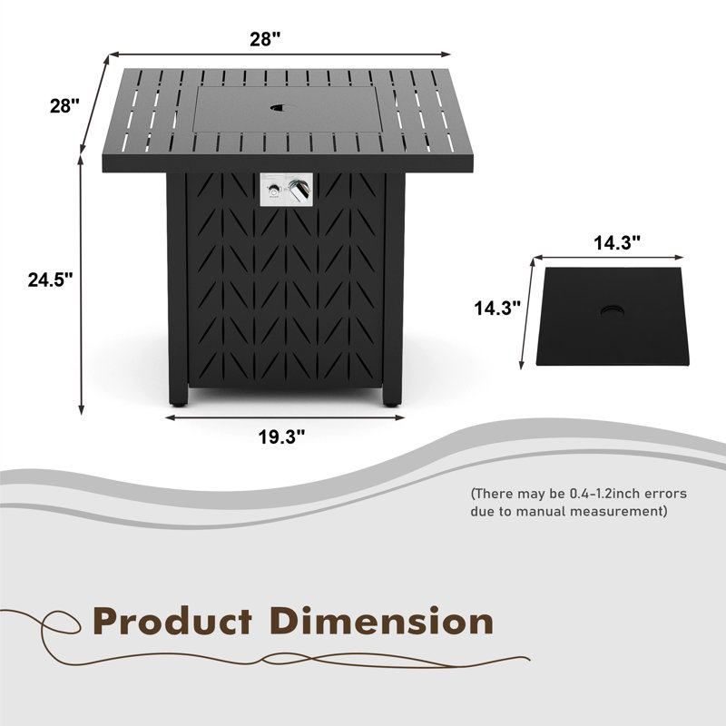 Table de foyer d'extérieur au propane en fer de 25 po H x 43 po l, H 24,5 po x l 28 po x P 28 po