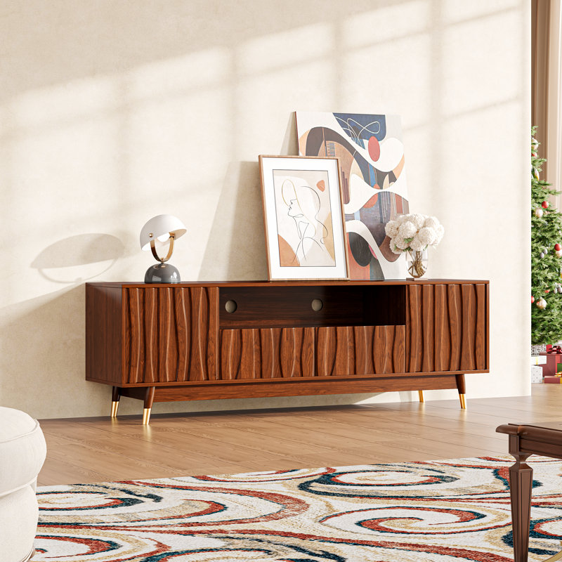 Meuble audio-vidéo 90 po avec console de rangement pour les téléviseurs de 65 po ou moins et meuble télé de style Mid-Century moderne avec meuble télé et rangement à 4 niveaux avec portes vitrées