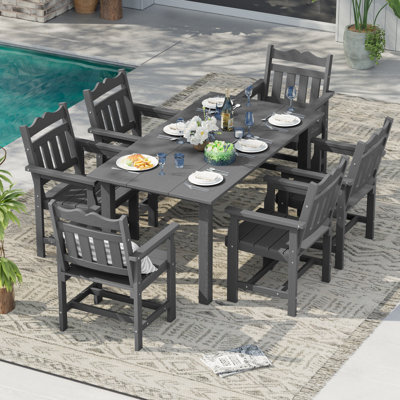 Ensemble de salle à manger 7 pièces résistant aux intempéries avec trou pour parasol, ensemble de table de salle à manger robuste pour 6 personnes, table de patio et chaises faciles à assembler pour le patio, la cour et la piscine