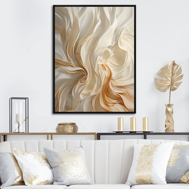 Blanc et champagne Flow IV - Champagne, art mural, Cadre flottant noir, H 44 po x l 34 po x P 1,5 po