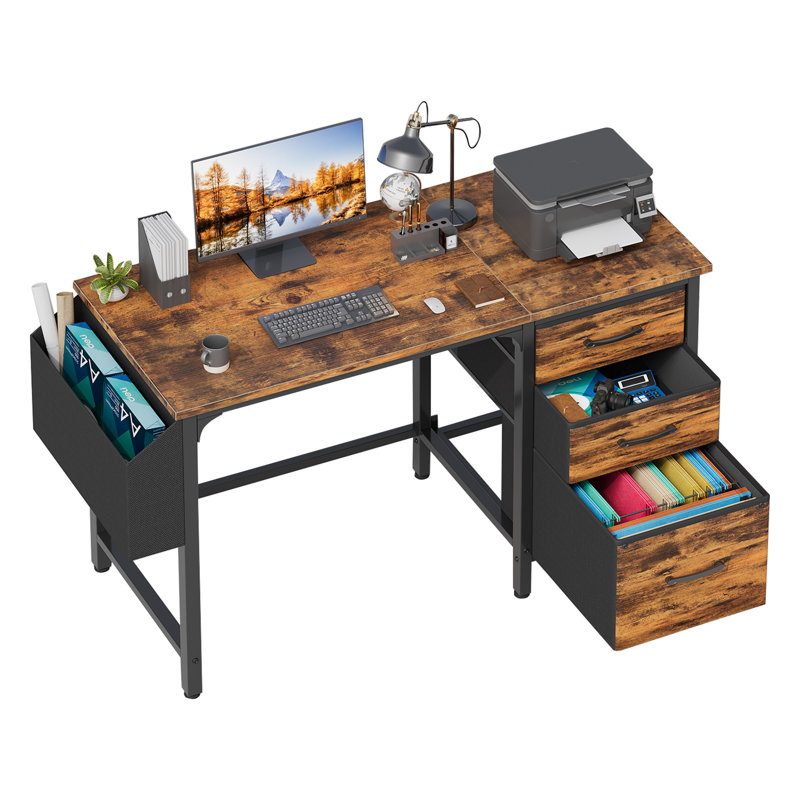 Bureau d'ordinateur avec tiroirs Bureau rectangulaire, Brun / Noir, H 29,5 po x l 46,6 po x P 19,7 po