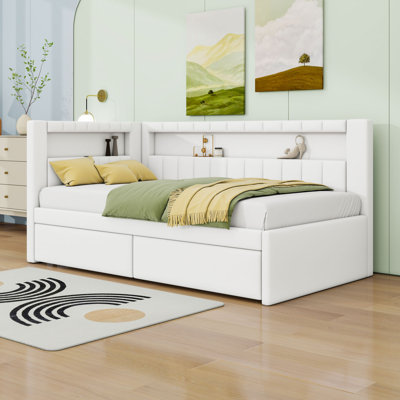 Twin Upholstered Daybed Bed with 2 Drawers, USB Ports and LED Belt