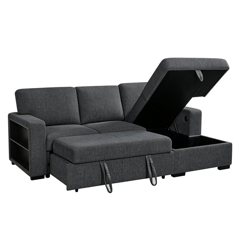 Canapé-lit d'angle convertible en lit gigogne avec méridienne de rangement, porte-gobelets, ports de chargement USB et de type C, revêtement en lin réversible avec tablette latérale ouverte, noir foncé
