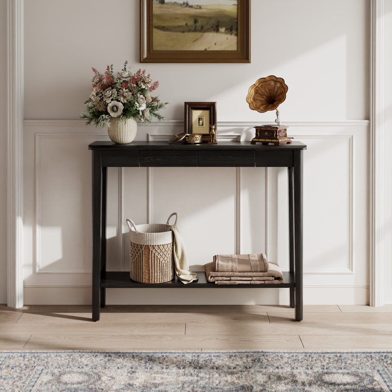 Solid Wood Console Table with Drawers, Mid Century Modern Entryway Table for Living Room and Hallway, Black
