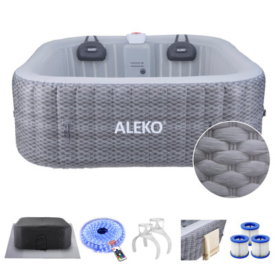 ALEKO Charcoal Inflatable Jetted Square Hot Tub with Energy Efficient Cover – Light Gray with Hemp Rope Pattern – 6 Person