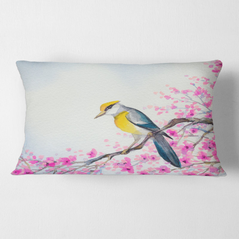 Housse et insert pour coussin décoratif bel oiseau sur une branche en fleurs