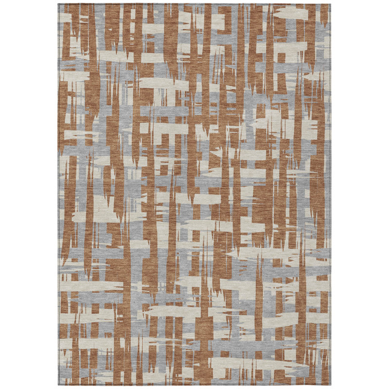 3' X 5' Rust Gray And Ivory Striped Washable Indoor Outdoor Area Rug