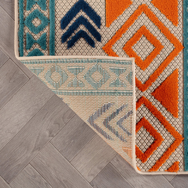 Duxbury Geometric Bohemian Indoor/Outdoor Area Rug Orange/Navy/Green, Square 6'7"