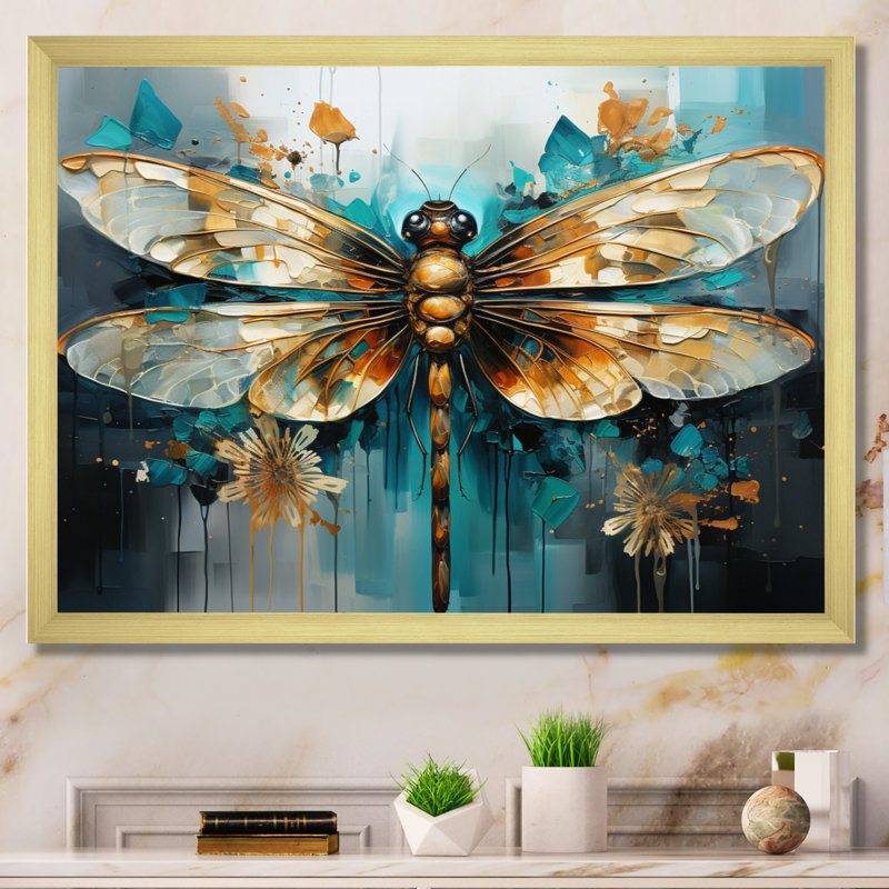 Bleu sarcelle, turquoise, libellule, gouttes I - Libellule, art mural, H 24 po x l 32 po x P 1 po, Cadre doré simple