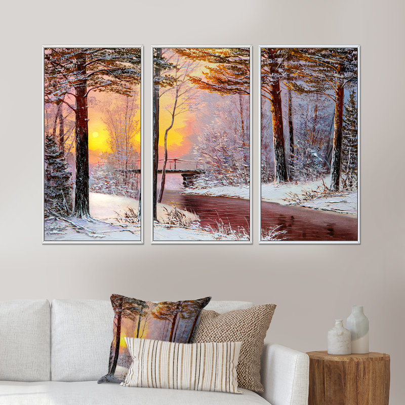 «Christmas Forest With River and Trees IV», peinture sur toile flottante 3 pièces, H 20 po x l 36 po, Blanc