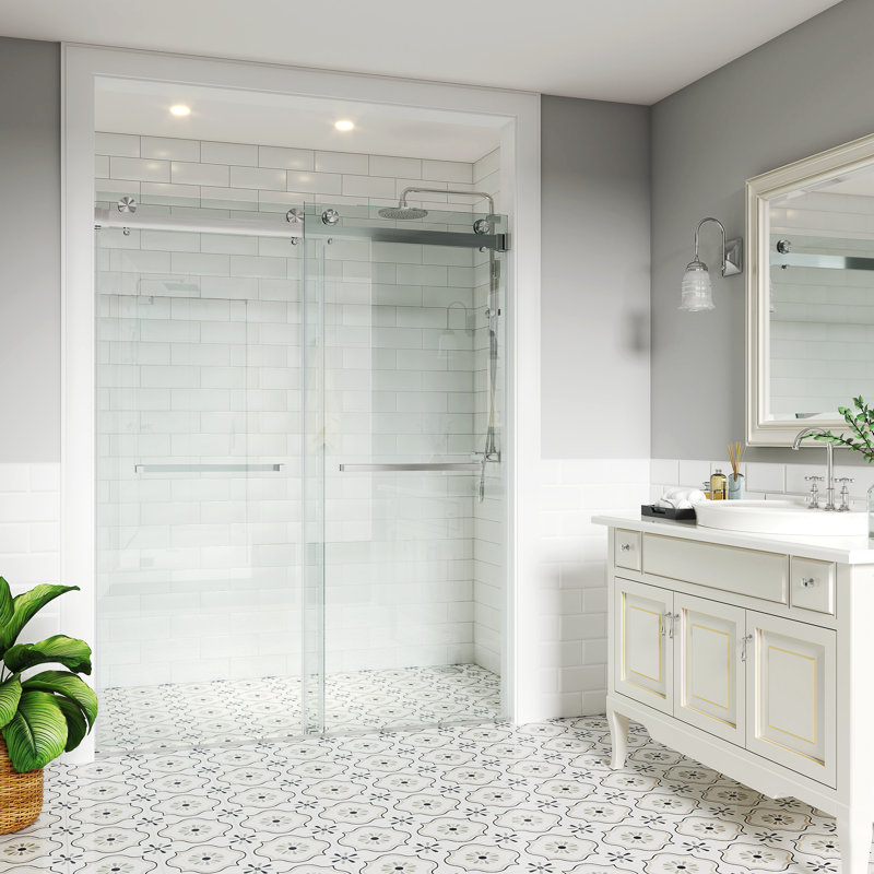 Porte de douche coulissante double opale Mirage MCOCOD l 72 po x H 76 po avec verre transparent 3/8 po (10 mm), Nickel