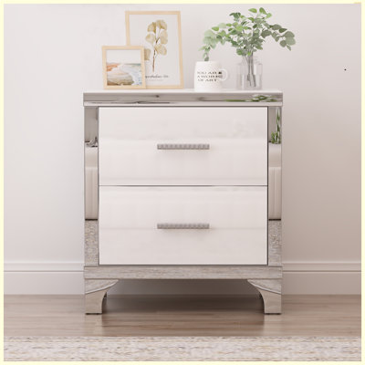 Table de chevet élégante avec poignée en métal et table de chevet à miroir avec 2 tiroirs pour la chambre à coucher et le salon