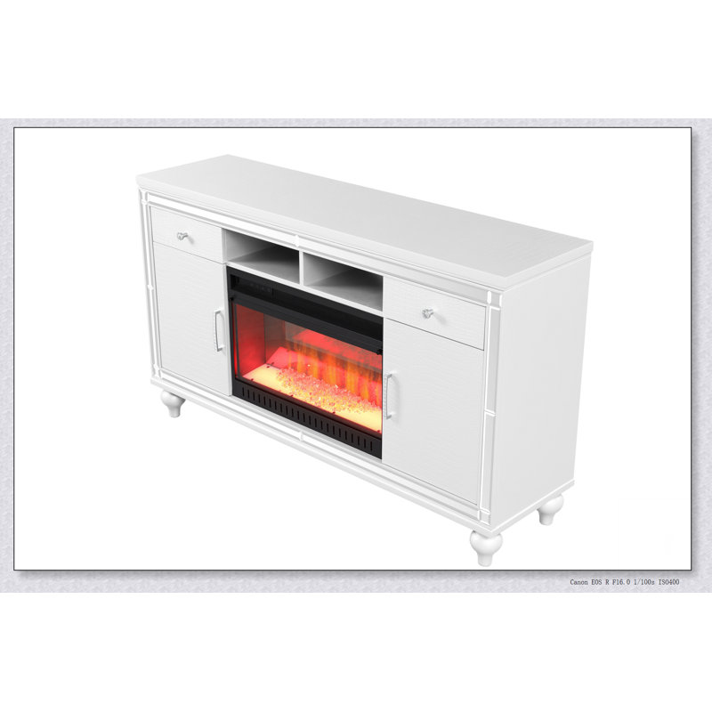 Meuble télé avec foyer électrique sur support stable, conception multifonctionnelle, Blanc