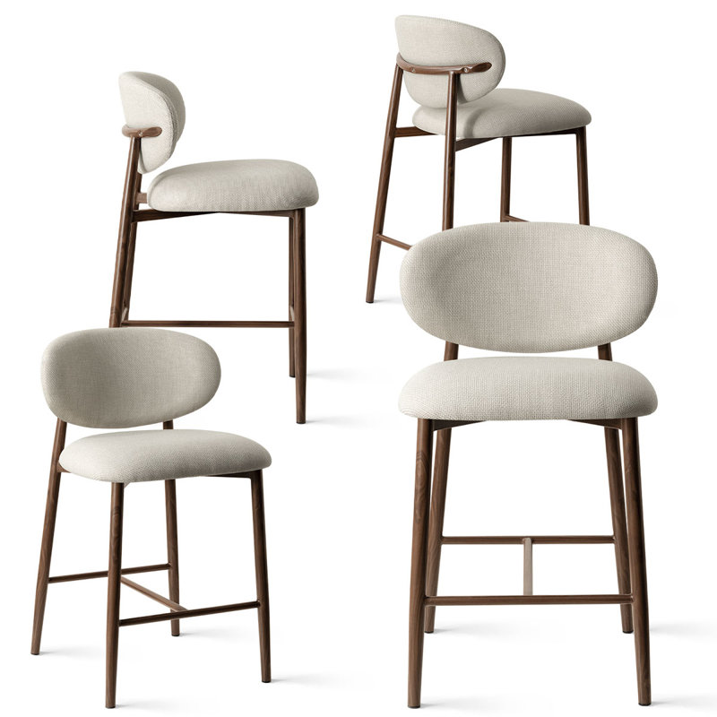 25.5” Modern Chenille Counter Stools With Barrel Back And Wood-Look Metal Legs, Set Of 4, Beige