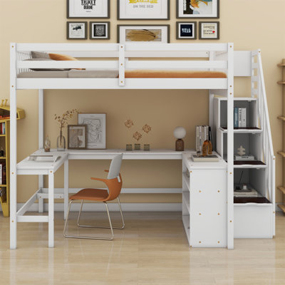 Lit mezzanine avec bureau intégré en forme de L, tablettes de rangement et escalier de rangement attaché