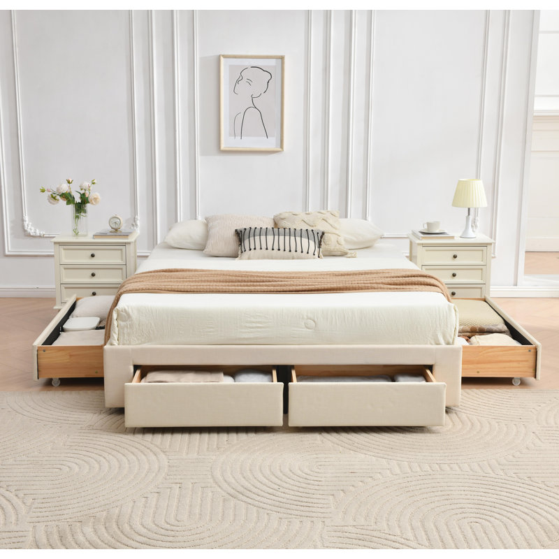 4 Drawer Upholstered Platform Storage Bed, Beige, Full / Double