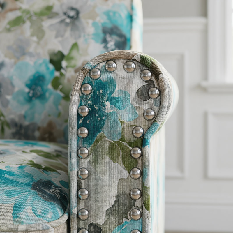 Chaise d'appoint Cozy Compact avec base en bois massif et assemblage sans effort, Motif floral pastel bleu et gris
