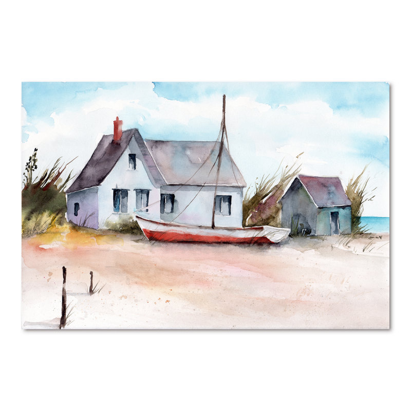 Maison avec petit bateau sur une plage I - Peinture sur toile, H 40 po x l 60 po, Toile tendue