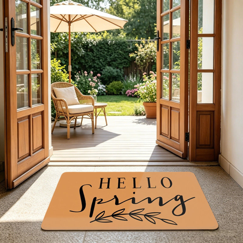 Tapis de bienvenue à motif de feuilles Hello Spring, 24 x 36 po, orange noir Hello
