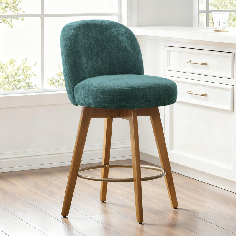 26" Mid-Century Modern Counter Height Bar Stools, 360° Swivel Fabric Upholstered Barstools with Solid Wood Legs, Island Chairs with Backrest