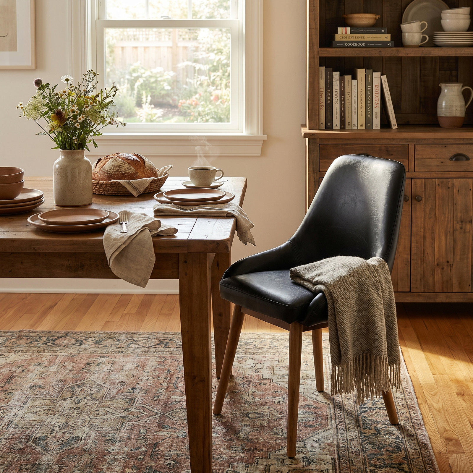 Comfortable Dining Chair With Soft Seat & Wood Legs For Kitchen And Dining Room, Black Faux Leather
