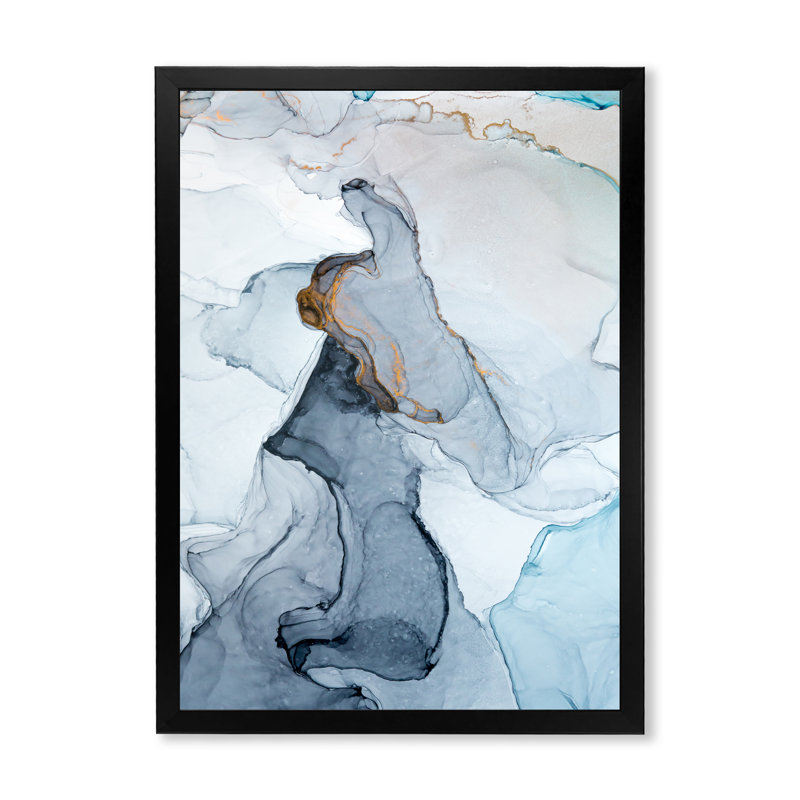 Gris et bleu marbré art ondulations - art mural moderne sur toile, H 32 po x l 16 po x P 1 po, Toile avec cadre photo noir
