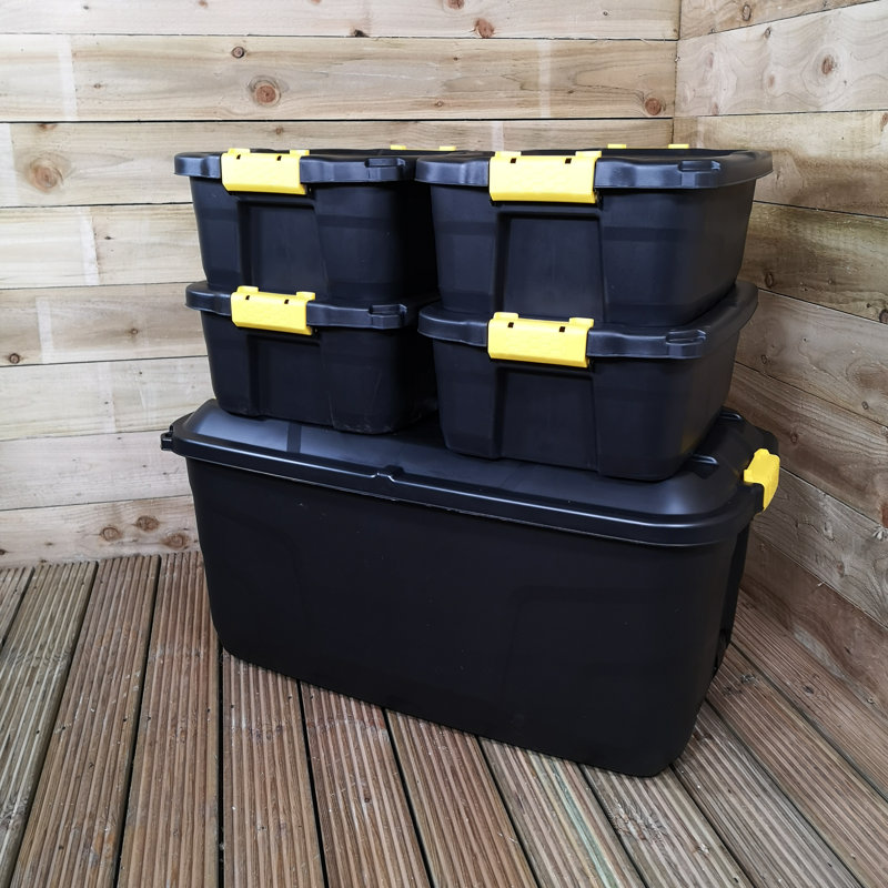 Bulkley 1 X 145L AND 4 X 24L Heavy Duty Trunks 1 On Wheels Sturdy, Lockable, Stackable And Nestable Design Storage Chest With Clips In Black