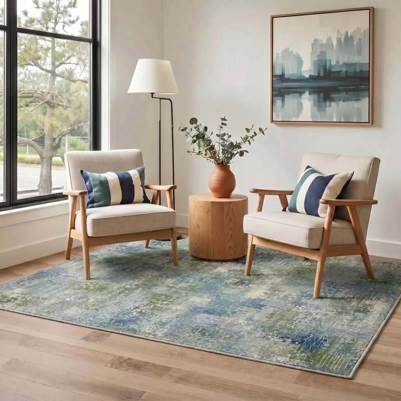 Tapis de couloir abstrait bleu / vert lavable à la machine avec envers antidérapant, Tapis de couloir 2 pi 6 po x 8 pi