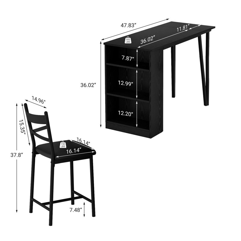 Space Saving Dining Table Set for 2, Foldable Counter Height Table with 3 Tier Storage and 2 Cushioned Stools, Black