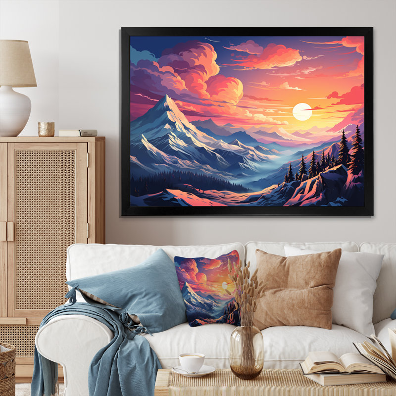 «Space Landscape Mountain Sunset», art mural, Cadre d'angle fermé noir, H 30 po x l 40 po x P 1,5 po