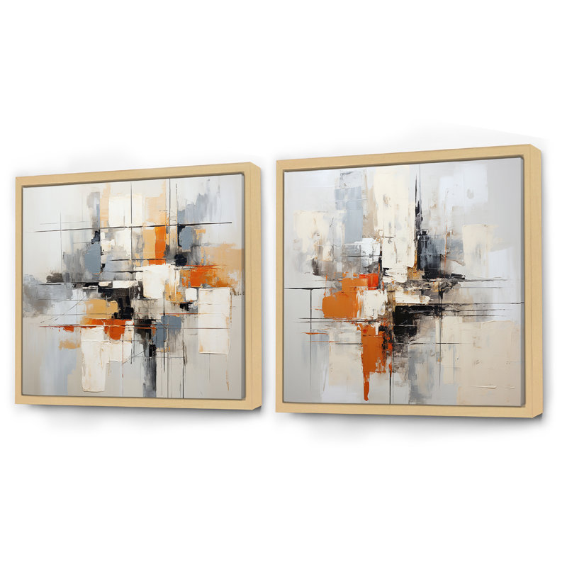 Beige et jaune Modern Scandinavian Dreams Art - Ensemble de 2 collages modernes scandinaves carrés, Cadre flottant brun