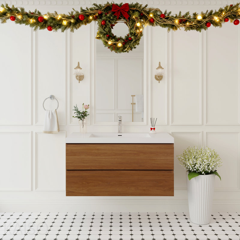 Armoire de salle de bain flottante 42 po avec tiroirs à fermeture en douceur et installation rapide