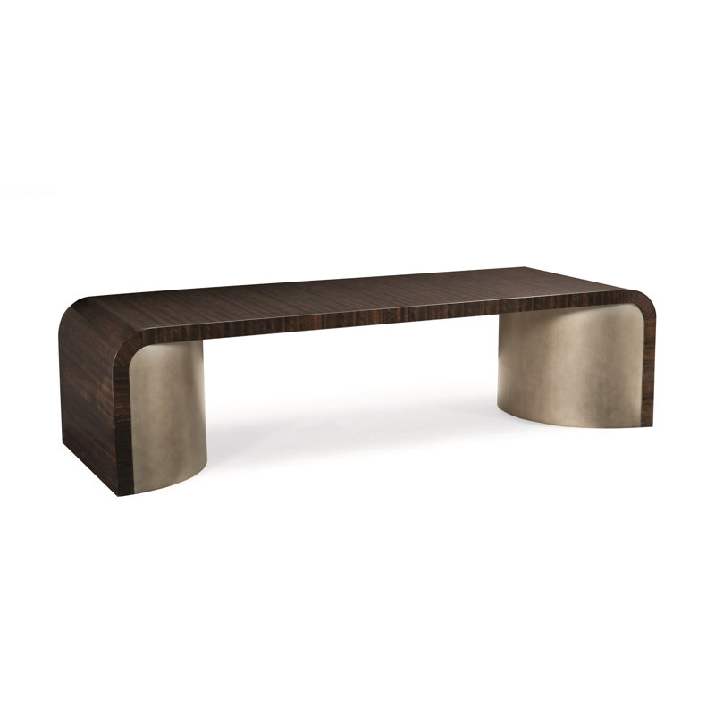 Aged Bourbon Rectangular Wood Cocktail Table with Bronze Pedestals