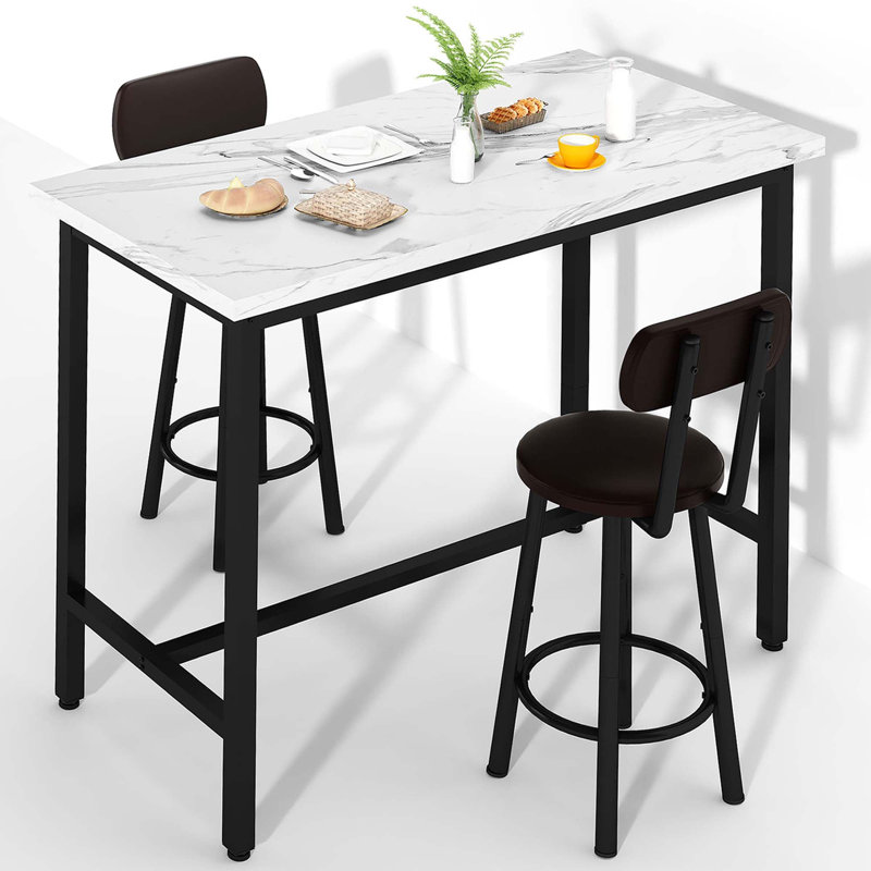Space-Saving 39" Bar Table Set for 2 with PU Leather Stools - White Marble MDF Counter Height Dining Set