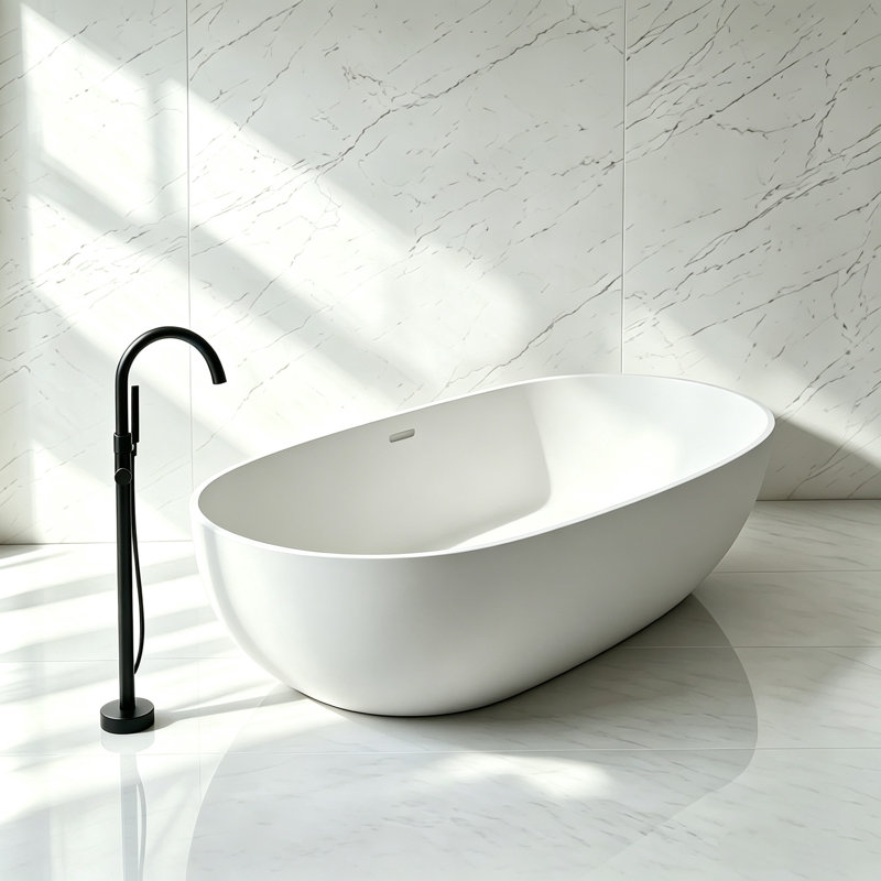 Baignoire de trempage autoportante blanche à surface solide avec trop-plein et bonde escamotable 59 "x 28" Monblari
