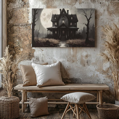 Canvas Wall Art Haunted Gothic Mansion Eerie Full Moon Halloween Night Art Ready To Hang Gallery Wrapped Home Decor Modern Design Decor