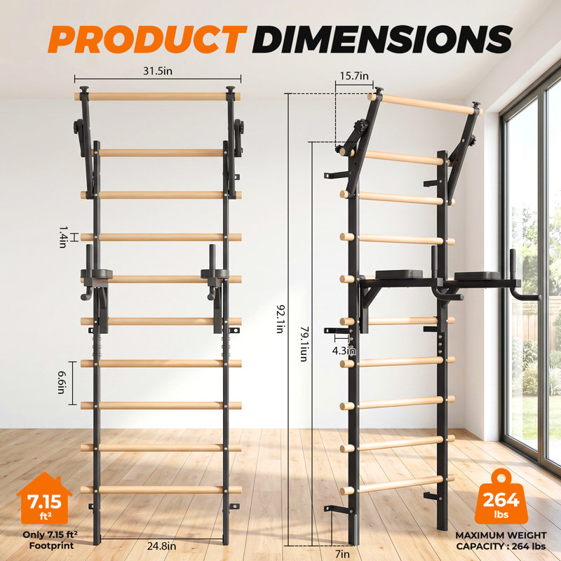  Gym suédoise en échelle suédoise, barres en bois de hêtre massif de 92 po, capacité de 264 lb, attaches réglables pour barre de traction et penderie, fixation murale, 9 tiges d'ancrage pour la maison, l'école, la thérapie physique, la gymnastique