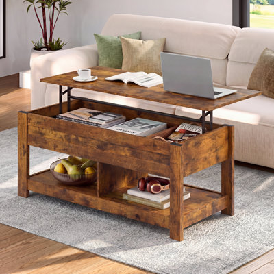 Table basse extensible à plateau relevable de 47,3 po Sparta avec rangement dissimulé et tablette ouverte, table basse à plateau relevable avec pieds stables, table de salon carrée avec rangement