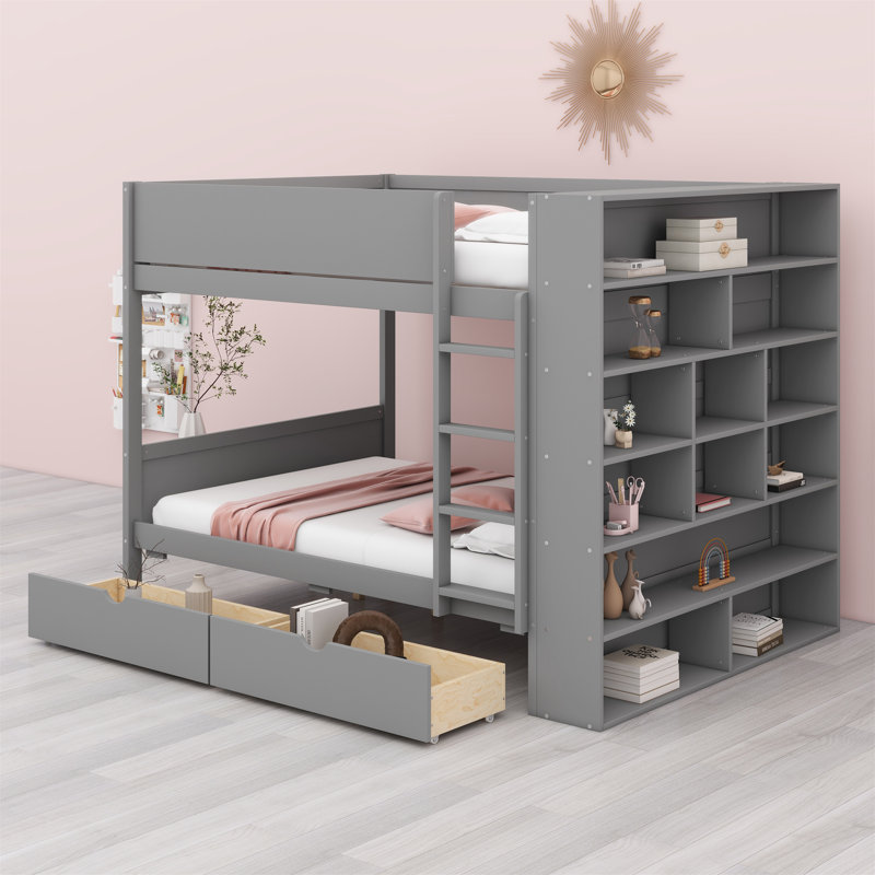 Bunk Bed With 2 Drawers And Shelves, Grey, Full