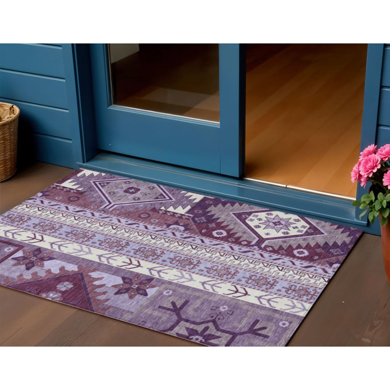 Tapis d'extérieur lavable mauve 3 pi x 5 pi aztèque ivoire et lavande