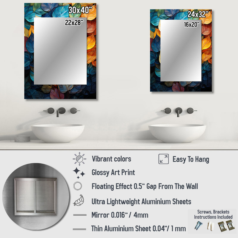 Magical coloré feuilles I - feuilles miroir, miroir mural traditionnel unique, art imprimé en métal, 32 po x 24 po